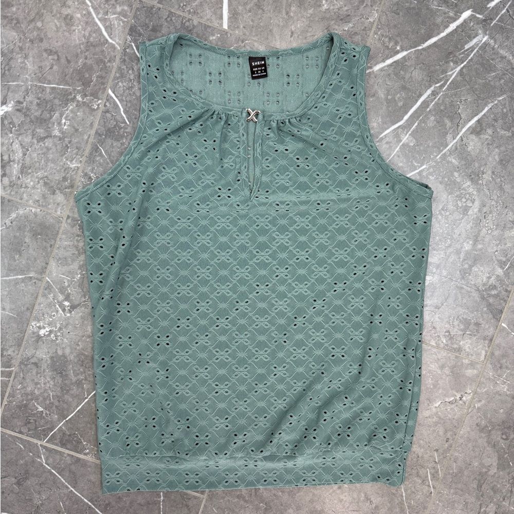SHEIN Green Sleeveless Eyelet Keyhole Tank Top Women’s Size S - Picture 2 of 5